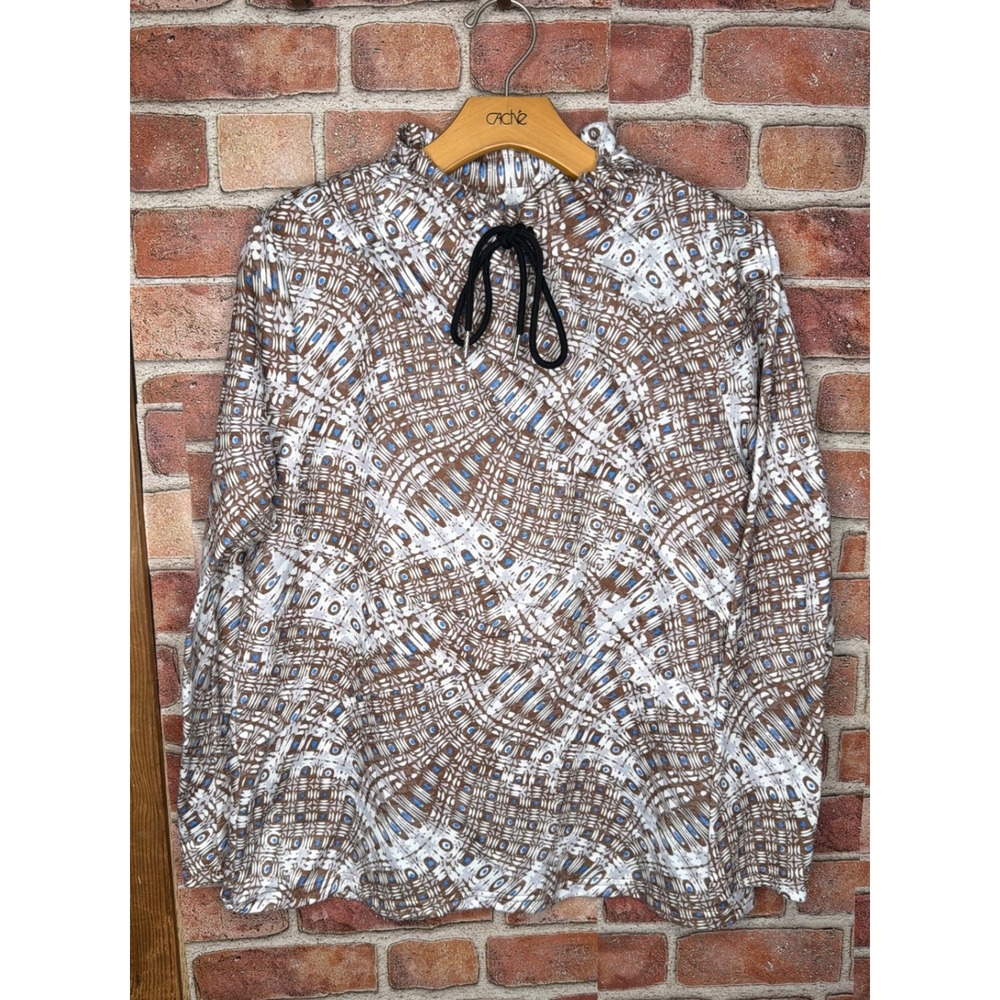 Carine Womens‎ Brown Blue Geometric Abstract Print Ruffle Neck Tie Top Size M
